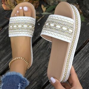 White and Gold Embellished Sandals